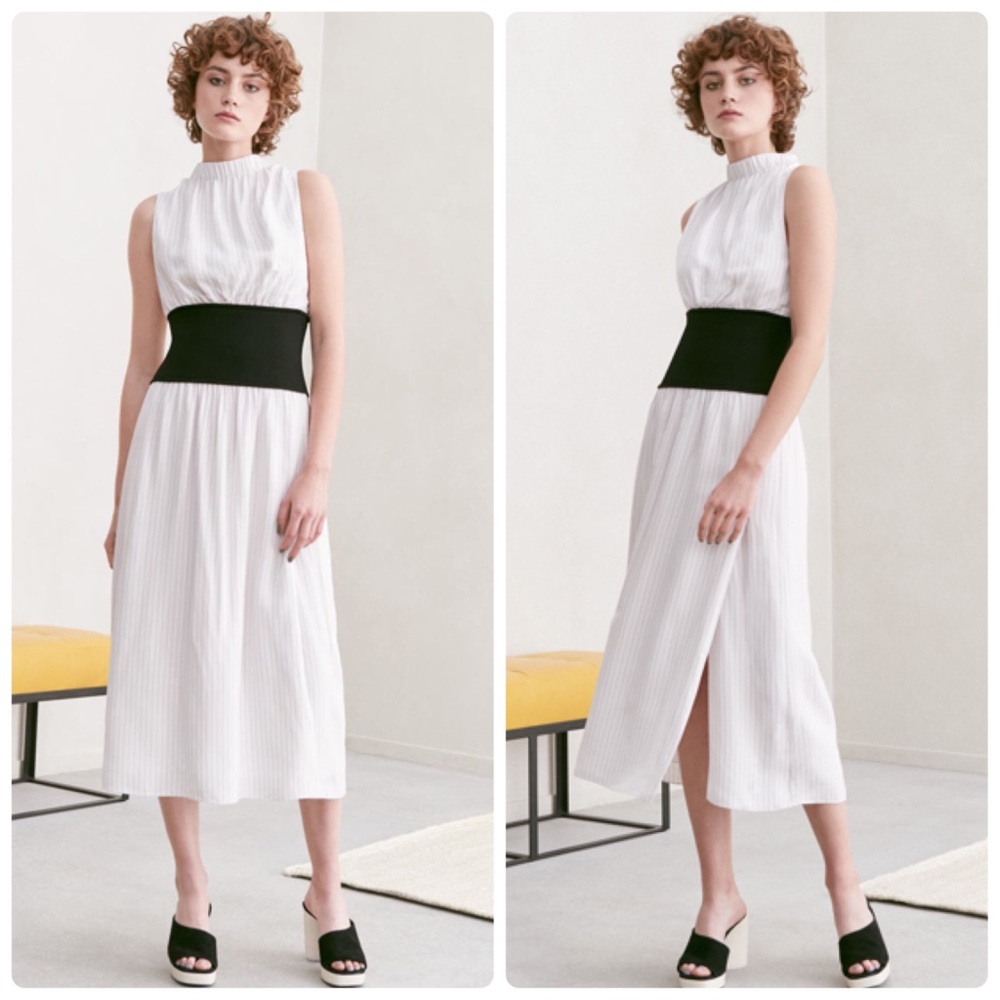 Lewit NWT Knit Inset Pinstripe Sleeveless Cinch Waist Mock Neck Midi Dress